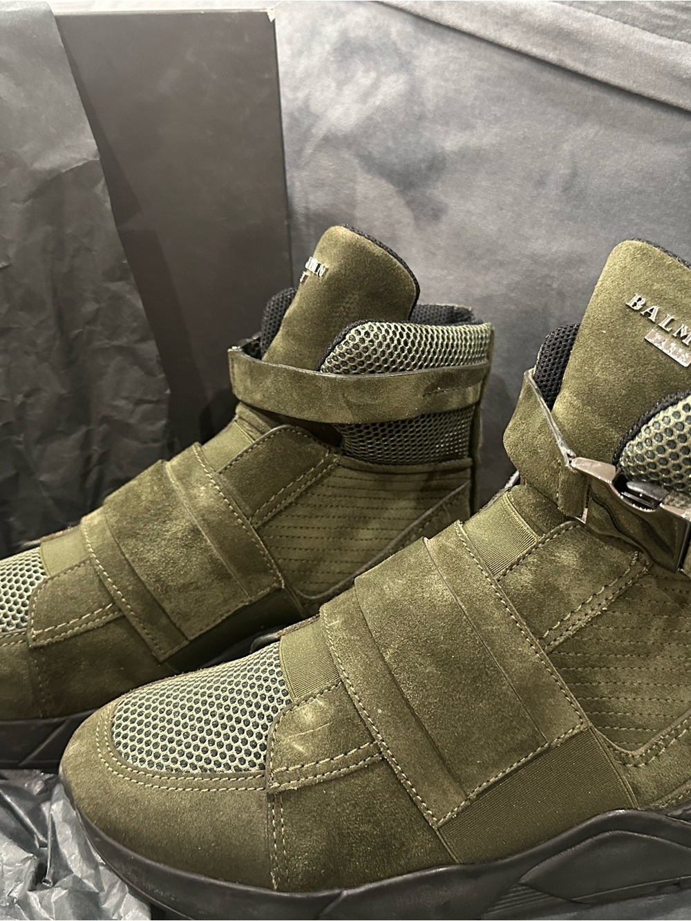 Balmain Olive Suede High-Top Strap Sneakers for Men